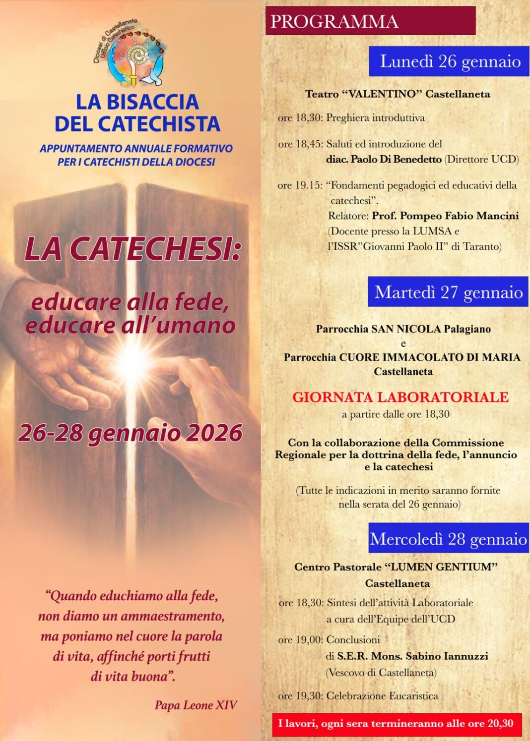 educare alla fede, educare all’umano”. La Bisaccia del Catechista (26-28 Gennaio 2026) – Diocesi di Castellaneta