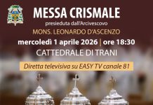 MERCOLEDI 1 APRILE, ALLE 18.30, NELLA CATTEDRALE DI TRANI, LA MESSA CRISMALE – DIRETTA TELEVISIVA SU CANALE 81 MERCOLEDI 1 APRILE, ALLE 18.30, NELLA CATTEDRALE DI TRANI, LA MESSA CRISMALE – DIRETTA TELEVISIVA SU CANALE 81